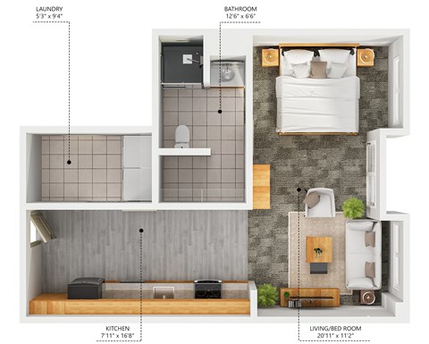 Floor plan for studio, 1 bath, 545 sqft
